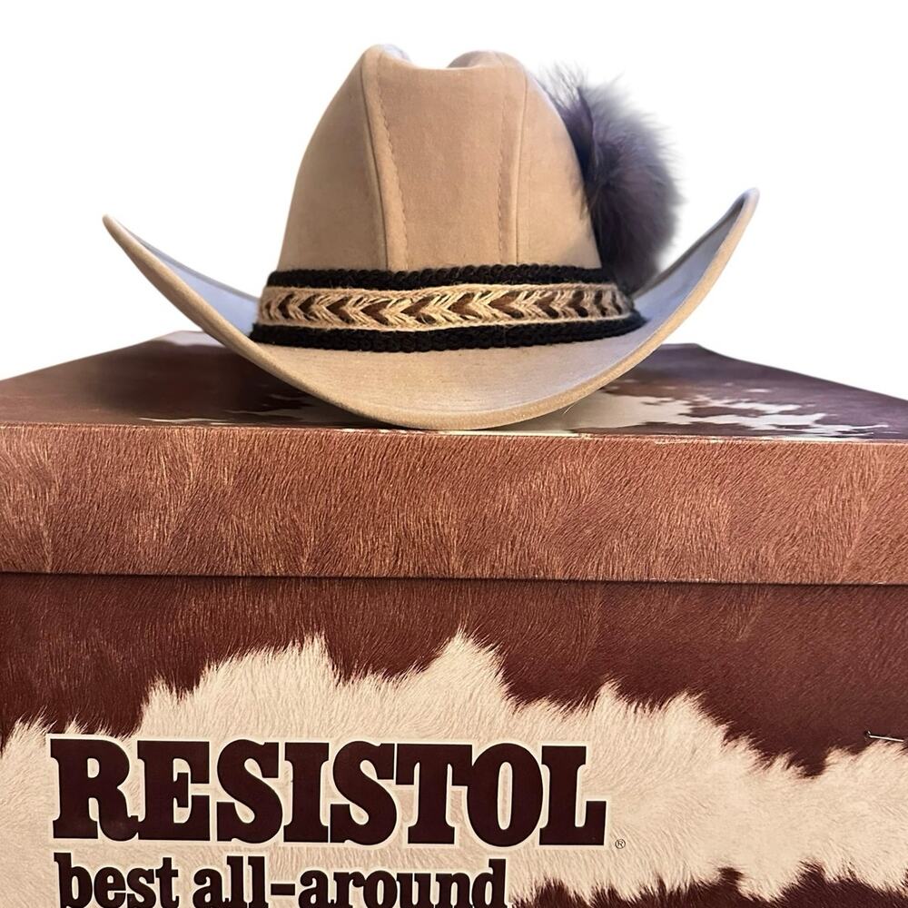 Vtg Resistol Tan Felt Western Hat Feather & Coach Pin Original Box Ranch Style